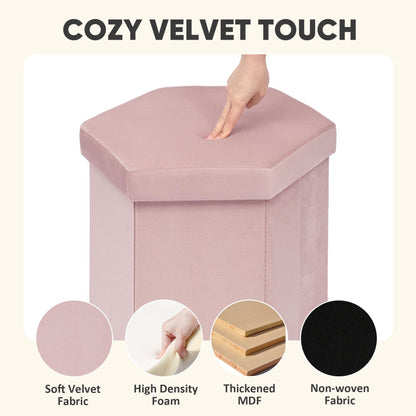 PINPLUS Hexagonal Storage Ottoman, Velvet Foldable Footstool, Pink
