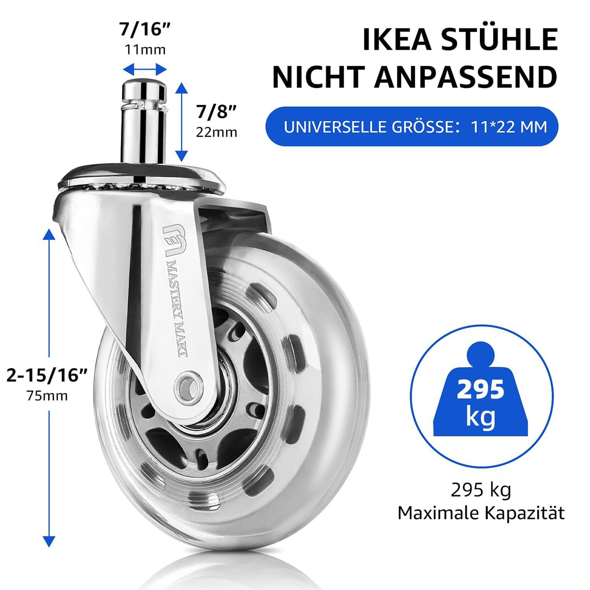 Mastery Mart Hard Floor Castors, Replacement Wheels for Office Chair, Quiet Office Chair Castors, Floor Protection Mat, For Most Swivel Chair Frames