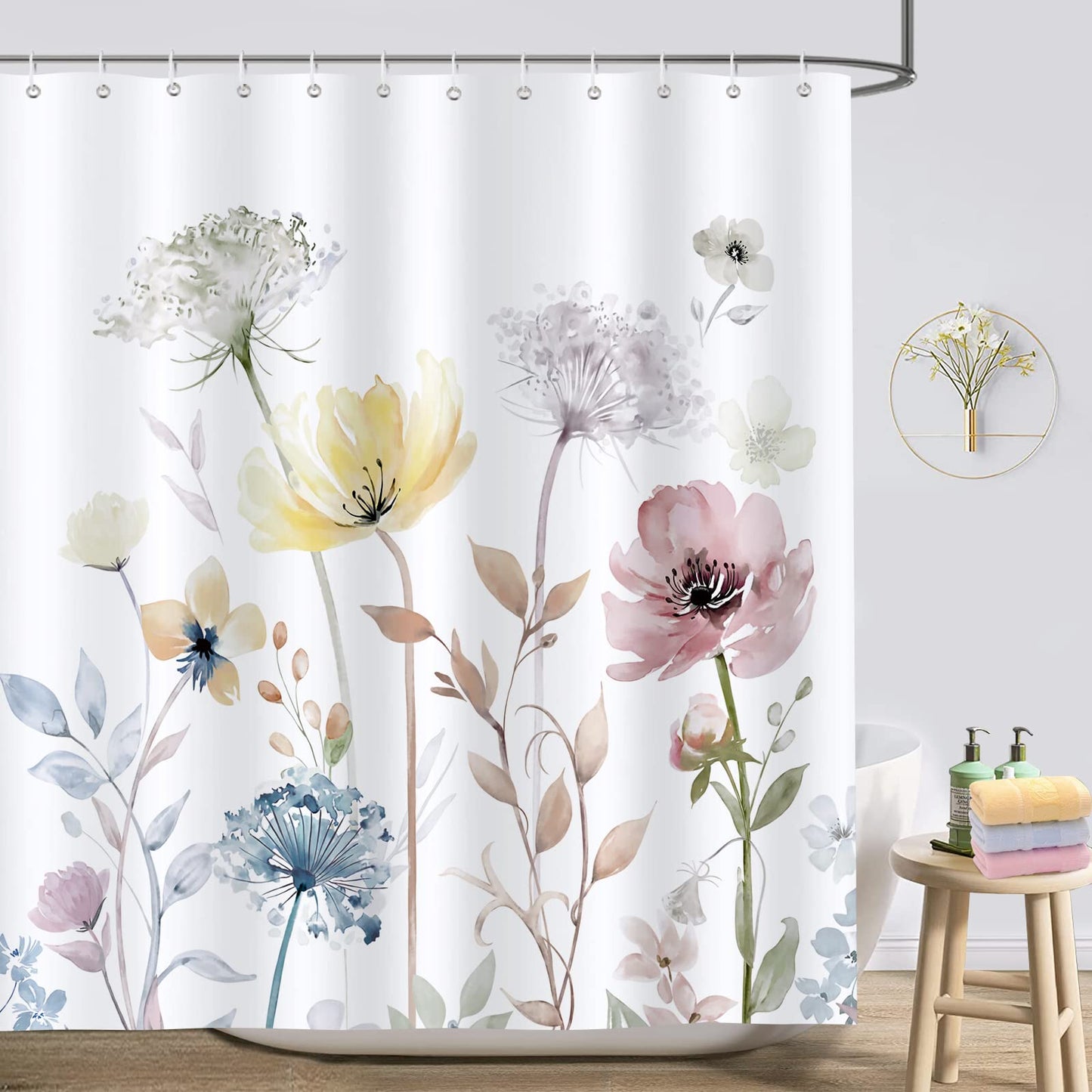 Bonhause Watercolour Floral Shower Curtain Yellow Pink Flower Bathroom Curtain 180 x 180 cm Waterproof Mildew & Mould Resistant Polyester Fabric Bath