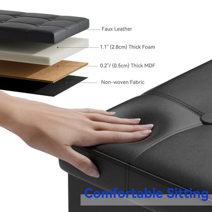 BRIAN & DANY Folding Ottoman Bench Storage Box with Lid, Large Storage Seat Faux Leather Footstool Toy Storage Box, Black, 80 x 40 x 40 cm