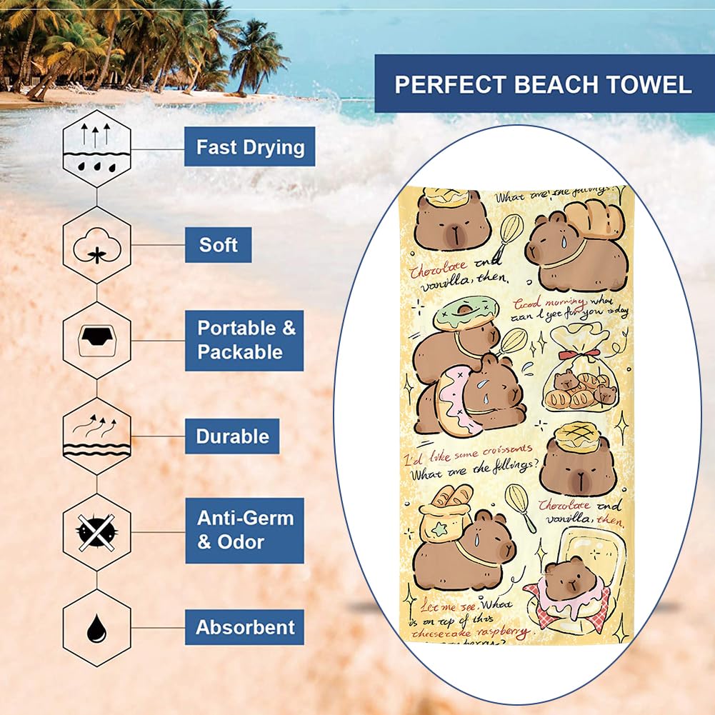 Spiritzohic Capybara Beach Towels, Capybara Bath Towels Swimming Towel Quick Dry Microfibre Towel Sandproof Beachs BathTowels for Travel, Holiday