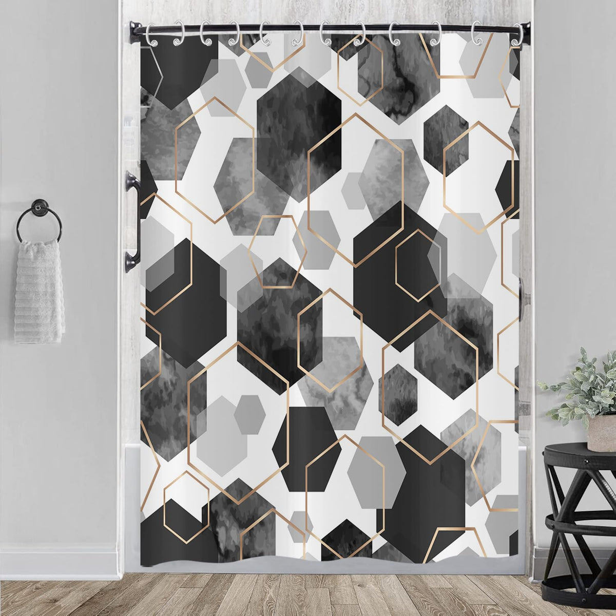 Hnmdmyi Black Shower Curtain 180x200, Modern Geometric Hexagon Abstract Art Bathroom Curtains Waterproof Polyester Fabric Washable Bath Curtains with