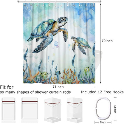 Hnmdmyi Sea Turtle Shower Curtain 180x200, Teal Ocean Underwater Tropical Fishes Starfish Seahorse Coral Bathroom Curtains Waterproof Polyester