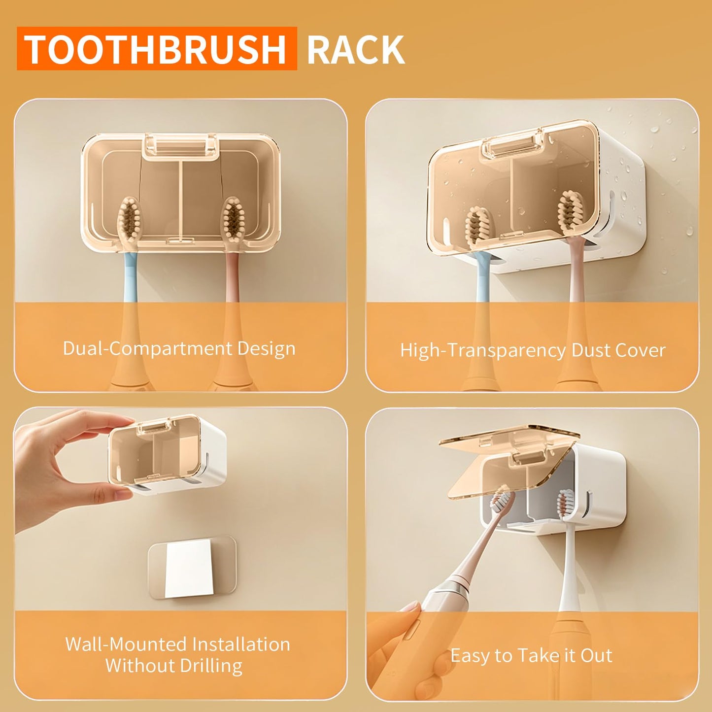 2 Slots Toothbrush Holder Wall Mounted with Cover -Breathable