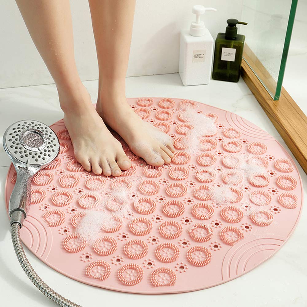 Shower Mat Round Bath Mat PVC Bathroom Mat Antibacterial Bathtub Mat Non Slip Shower Mats with Suction Cups and Drain Holes, Machine Washable for