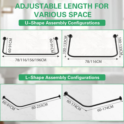 U Shaped/L Shaped Shower Curtain Rail, (60-91) X (78-196) X (60-91) cm Adjustable Curved Shower Curtain Pole With 12 Rings & Ceiling Support For