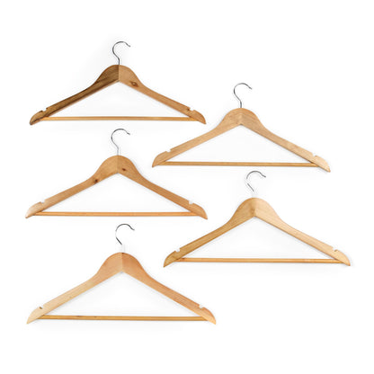 Beldray Wooden Clothes Hangers – Pack of 5 Sturdy Suit Hangers, Multifunctional Garment Hangers with Trouser Bar, Wardrobe Organiser