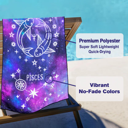 Violetpos Pisces Zodiac Sign Beach Towel for Astrology Fans, Extra Large 180x90 cm 250GSM Microfibre, Sand Free Quick Dry