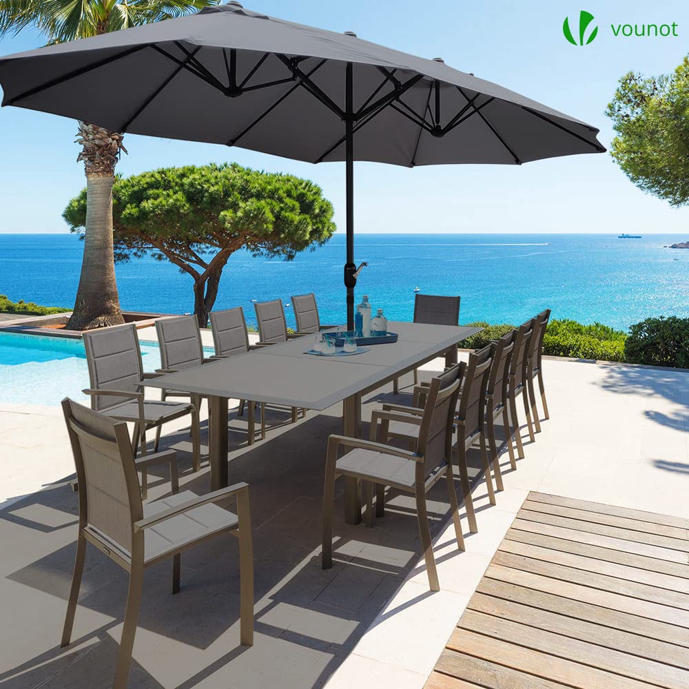 VOUNOT 4.6m Double Garden Parasol, Extra Large Rectangular Patio Table Umbrella, with Crank Handle, Protective Cover, UV 50+, Grey