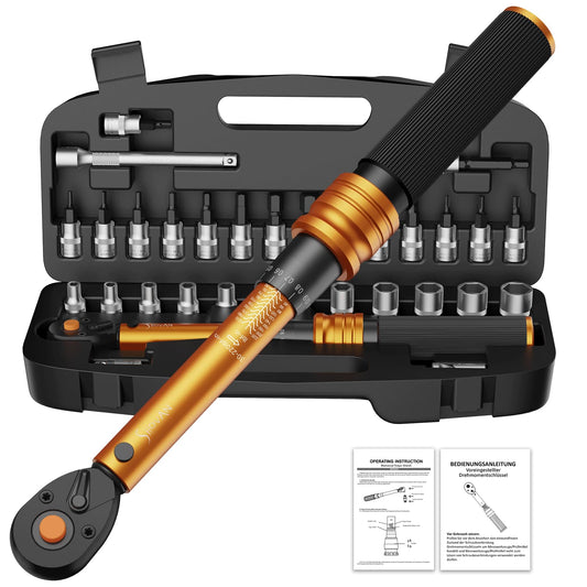 33PCS 1/4 Torque Wrench Set 3-25 Nm, Small Torque Wrench Bike, Dual-Direction 72 Teeth, ?3% Accuracy, with Extension Bar, Socket Bits (Hex & Torx &