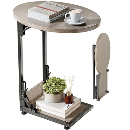 Mutool C Shaped End Table, Foldable Side Table, Round Sofa Table with Metal Frame, Small Coffee Table for Living Room Bedroom Office, Oak Grey