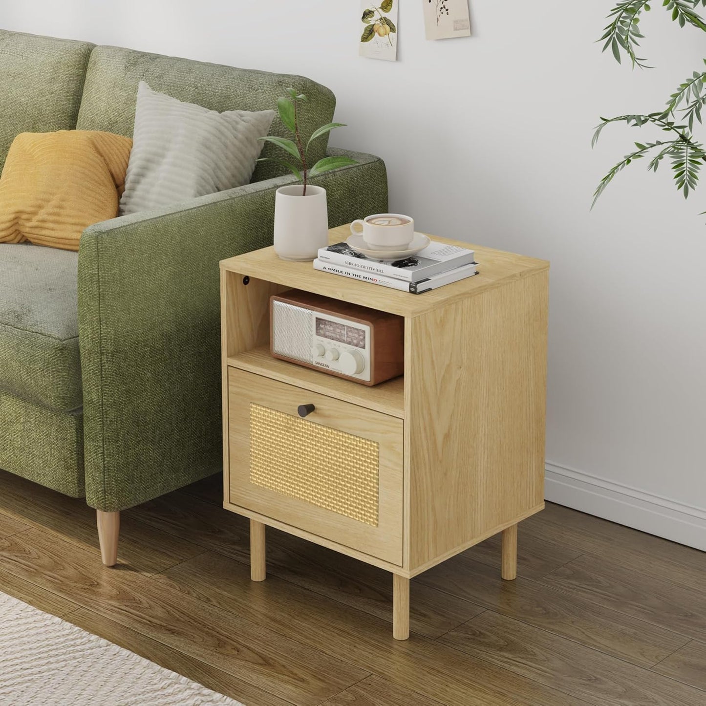 DongRong Bedside Table, Boho Farmhouse Oak Rattan Nightstand with Drawers