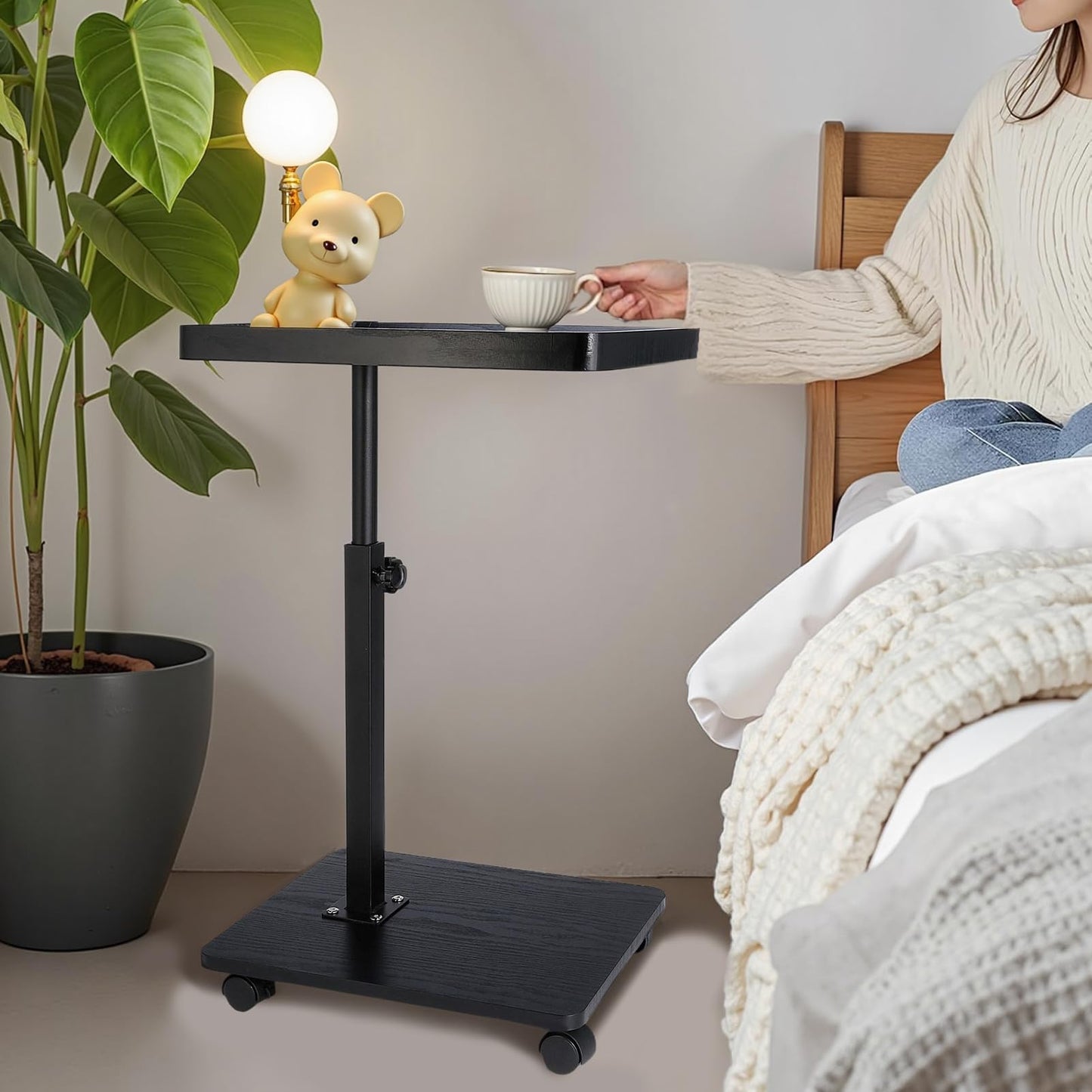 C Table End Table Adjustable Height 360° Swivel TV Tray Table With Wheels