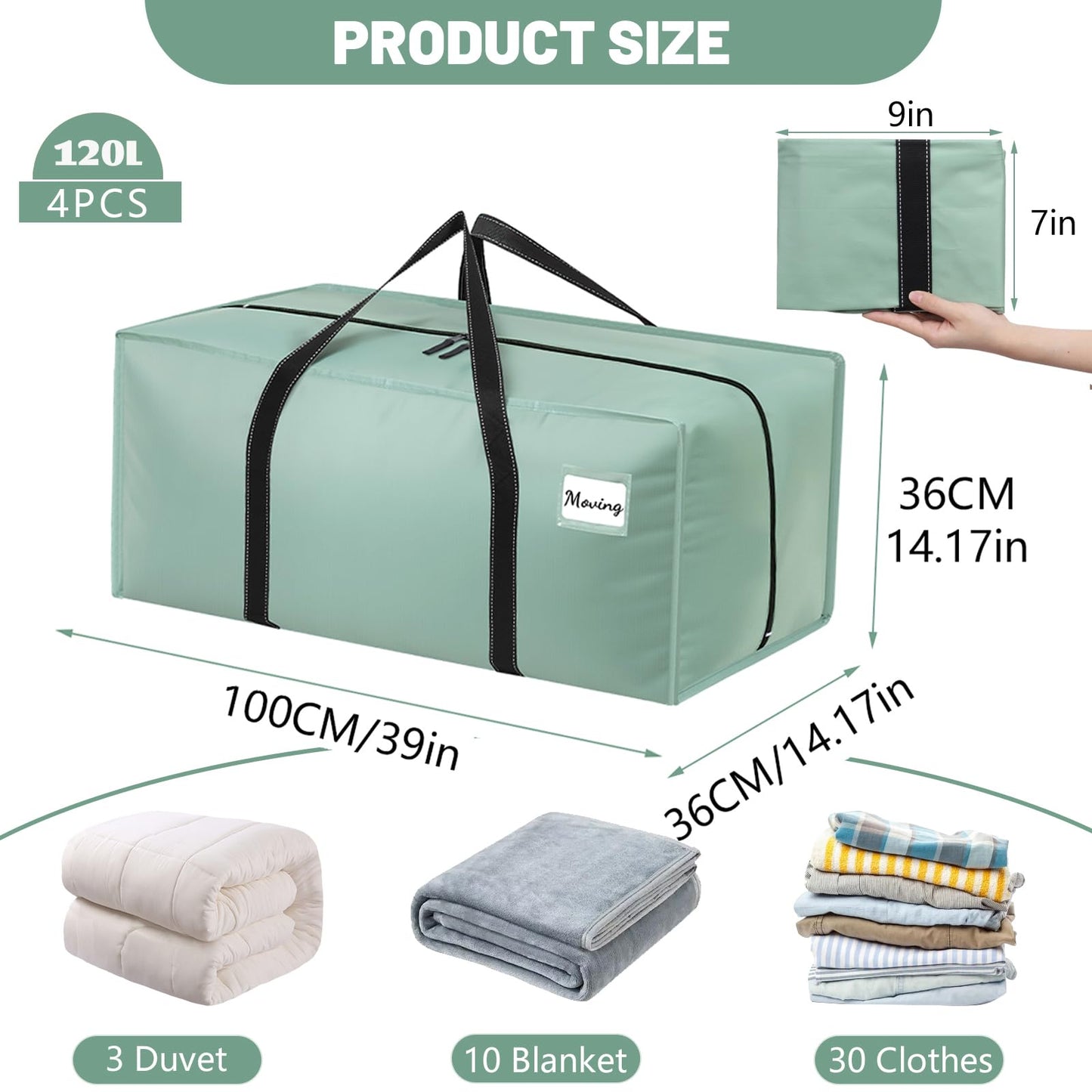 Dntorx 4 Pack 120L Moving Bags and Storage Bags, Large Moving Box with Zip
