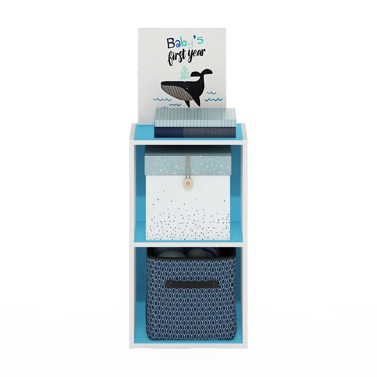 Furinno PASIR Book Shelf, 2-Tier Modern Bookshelf, Open Shelves Bookcase 9 x 12 x 21, for Living Room, Bedroom, Home Office, Light Blue/White