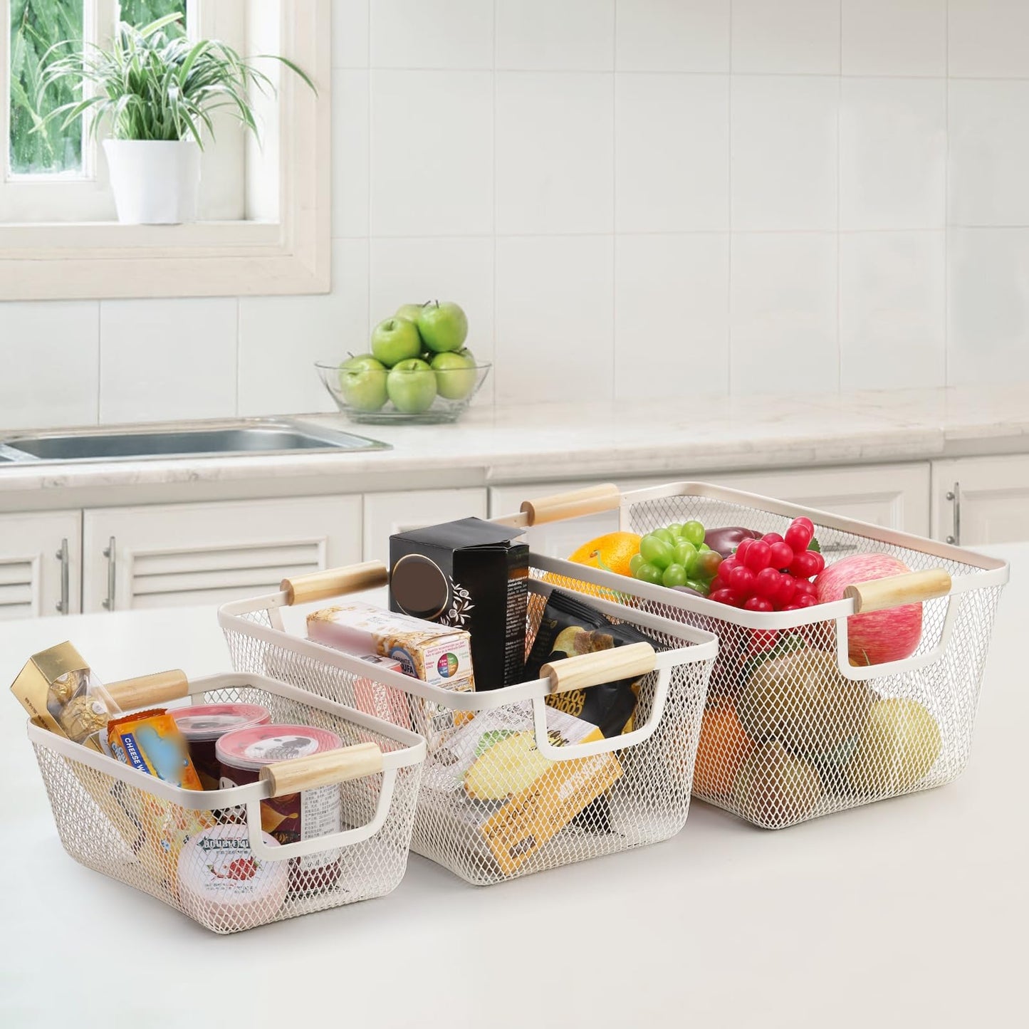 Noamus 3 Pack Metal Mesh Baskets with Wood Handle, Iron Storage Organizer Basket, White Wire Countertop Baskets for Organizing
