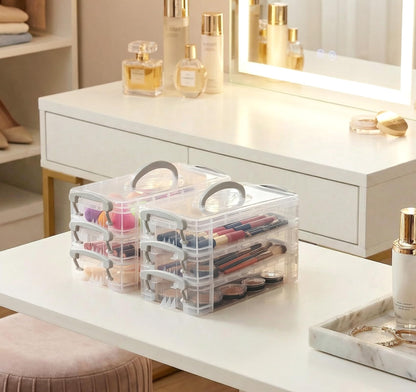 Anstore Storage Box with Handles, 2 x 3 Tier Clear Plastic Storage Box with Lid, Portable Pencil Case, Pen Drawing Tools Container Lid