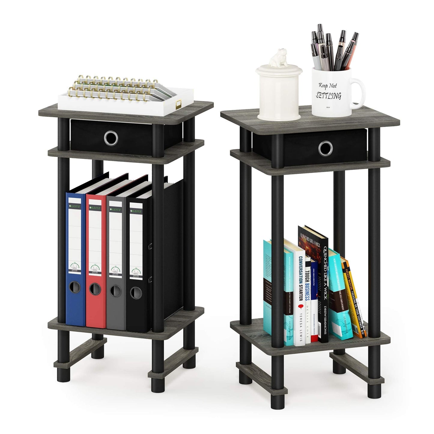 Furinno TURN-N-TUBE Side Table Set of 2, 3-Tier End Table with Storage Bin, Open Shelf Night Stand, Bedside Table, for Living Room, Bedroom