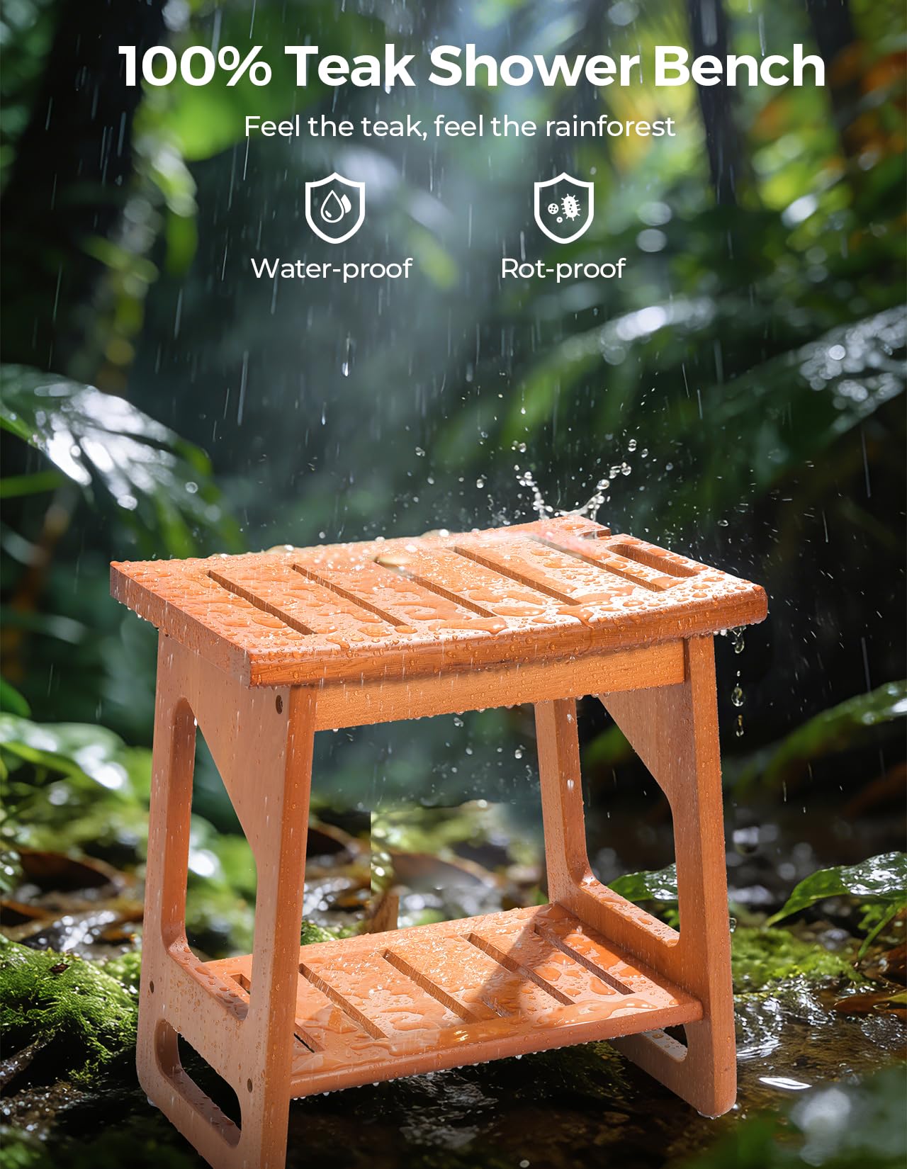LyriFine Teak Shower Bench, Waterproof Shower Stool for Inside of Shower