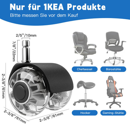 Replacement Office Chair Wheels (1000 kg) - 10 x 22 mm Wheels for Office Chairs, Smooth and Quiet Hard Floor Castors