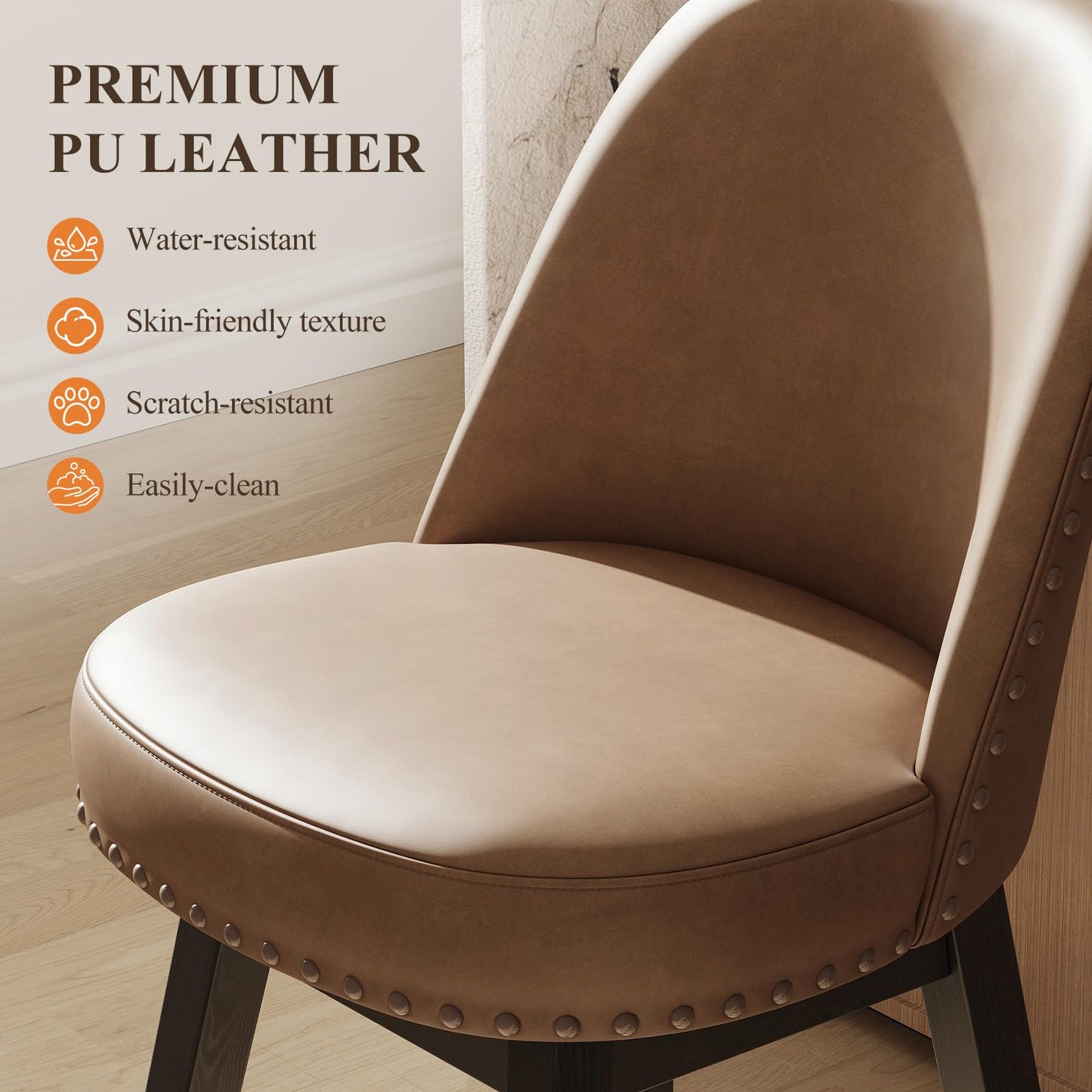 Bar Stools Set of 2, 360° Swivel Counter Stools with Upholstered Seat, Wooden Frame & Nailhead Trim