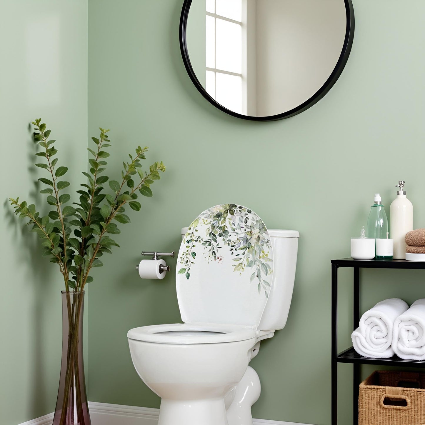Green Plant Leaves Flowers Toilet Seat Lid Stickers Self-Adhesive Bathroom Stickers Green Leaf Floral Decals DIY Removable Waterproof Toilet Sticker
