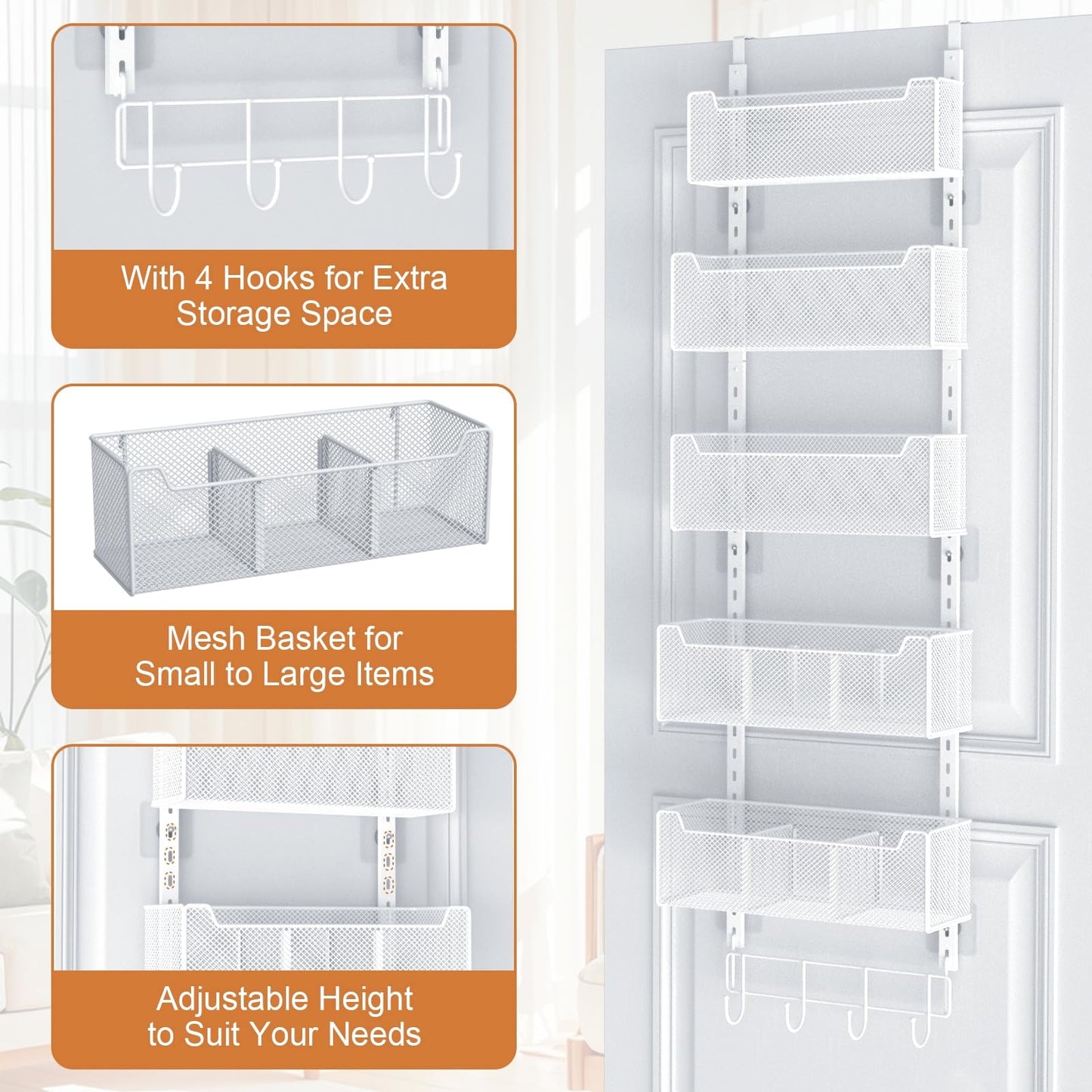 VyGrow Over The Door Storage, Metal Door Organiser Hanging with 5 Adjustable Baskets and Coat Hook