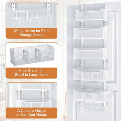 VyGrow Over The Door Storage, Metal Door Organiser Hanging with 5 Adjustable Baskets and Coat Hook