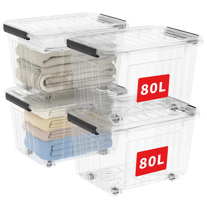Cetomo 80L*4 Plastic Storage Boxes with Wheels, Lidded Storage Box with Secure Side Latches, PP Nestable and Stackable Clear Organizer for Home