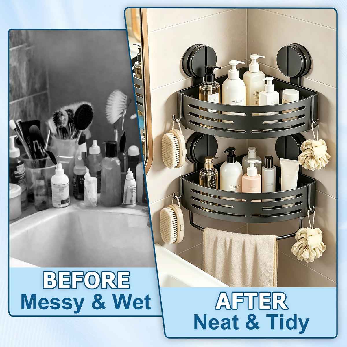 ZBXSNK 2Pcs Corner Shower Caddy, No Drilling Suction Cup Bathroom Corner Shelves, Shower Storage Shelf with Towel Bar & Hooks