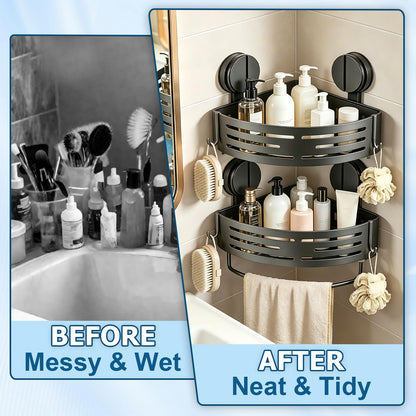 ZBXSNK 2Pcs Corner Shower Caddy, No Drilling Suction Cup Bathroom Corner Shelves, Shower Storage Shelf with Towel Bar & Hooks