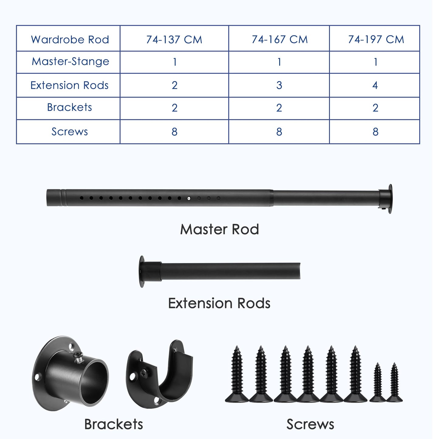 Wardrobe Rail Extendable, 32MM Stainless Steel Wardrobe Rod Black 74-160cm, Heavy Duty Clothes Hanging Pole With Screws and Fixing Sockets for