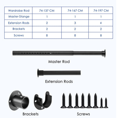 Wardrobe Rail Extendable, 32MM Stainless Steel Wardrobe Rod Black 74-160cm, Heavy Duty Clothes Hanging Pole With Screws and Fixing Sockets for