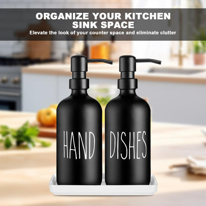 Glass Soap Dispenser Set: Premium 2 Pack Dispenser Bottles with Ceramic Tray 500ML/17oz Farmhouse Soap Lotion Pump Dispensers Refillable Hand Soap