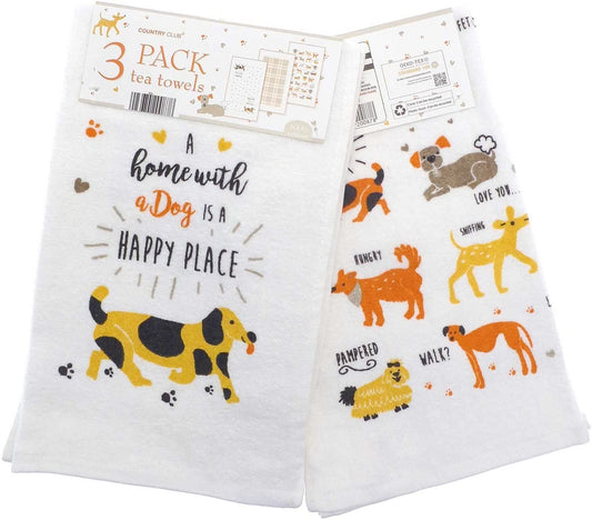 Pack of 3 Dogs Design Tea Towels - 100% Cotton - Gift idea for a dog lover - Great value triple pack