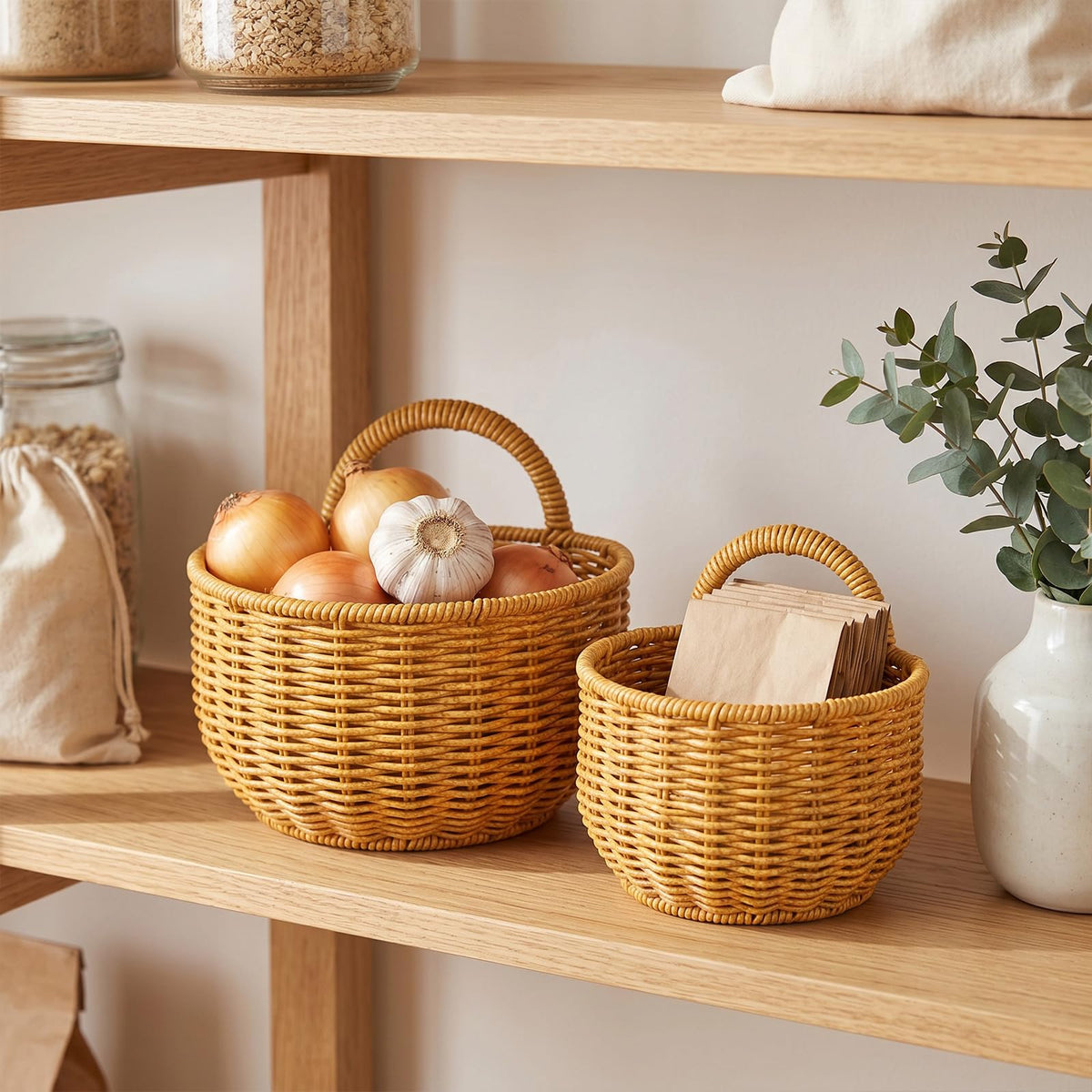 2 PCS Woven Storage Basket, Wall Hanging Storage Baskets, Kitchen Storage with hooks