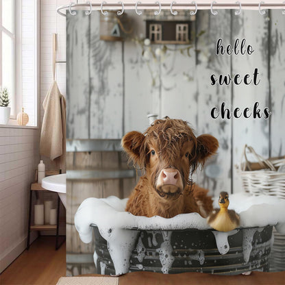 Hnmdmyi Funny Highland Cow Shower Curtain 180x240, Farmhouse Western Animal Cattle Duck Bathing in Bubbly Bathtub Bathroom Curtains Waterproof