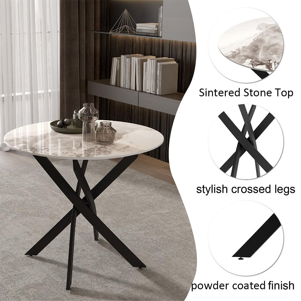 GOLDFAN Round Dining Table 80cm High Gloss White Marble Kitchen Table with Black Metal legs for Dining Room, Office, Apartment