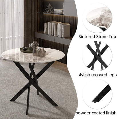 GOLDFAN Round Dining Table 80cm High Gloss White Marble Kitchen Table with Black Metal legs for Dining Room, Office, Apartment