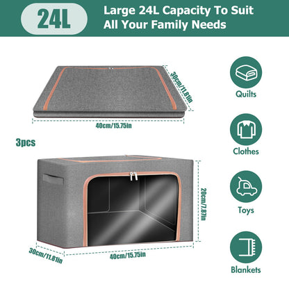 Clothes Storage Bag - 3 Pack 24L Large Capacity Solution Organizer Foldable for Moving House With Reinforced Handle Thick Oxford Fabric Clear Window