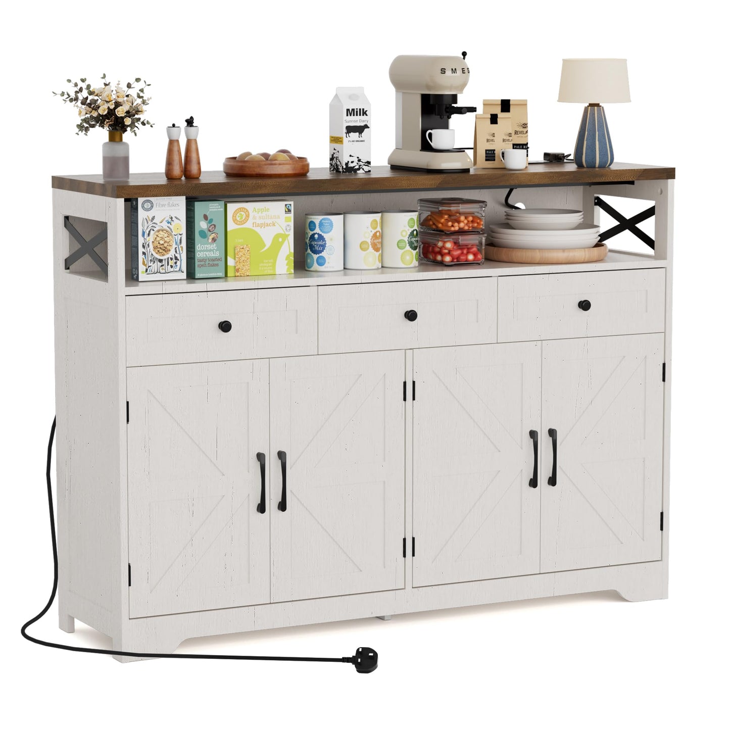 BonVache Sideboards Cabinet with Power Outlets,Wooden Storage Sideboard with Adjustable Shelf,3 Drawers and Open Shelf,Buffet Cupboard for Living