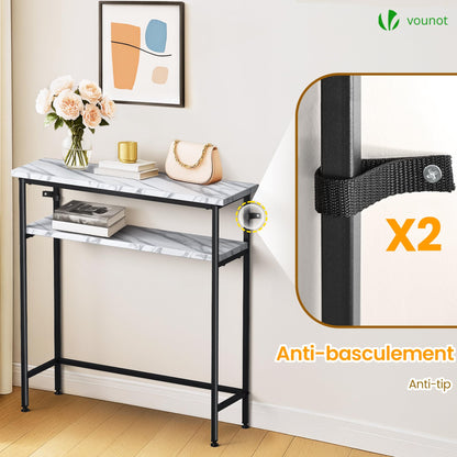 VOUNOT® Narrow Console Table, 2- Tier Slim Metal Frame Entryway Table, Small Sofa Side Table with Storage Shelf for Hallway, Living Room or Bedroom
