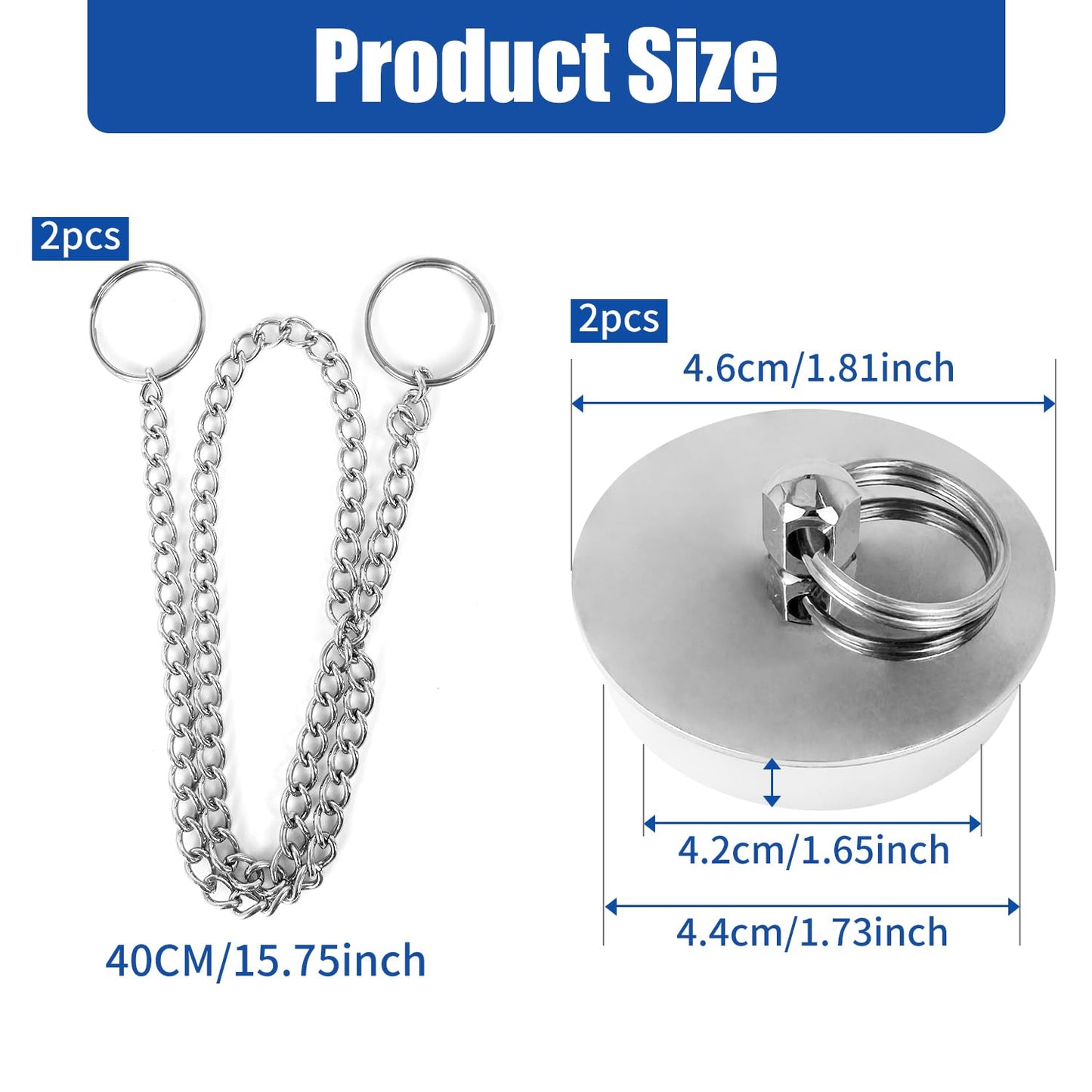 2 Pcs Drain Stopper Sink Plug, Universal Bath Plug with Stainless Steel Chain,Drain Stopper For Bathtub Sink Bathroom Kitchen Home,42mm to 46 mm