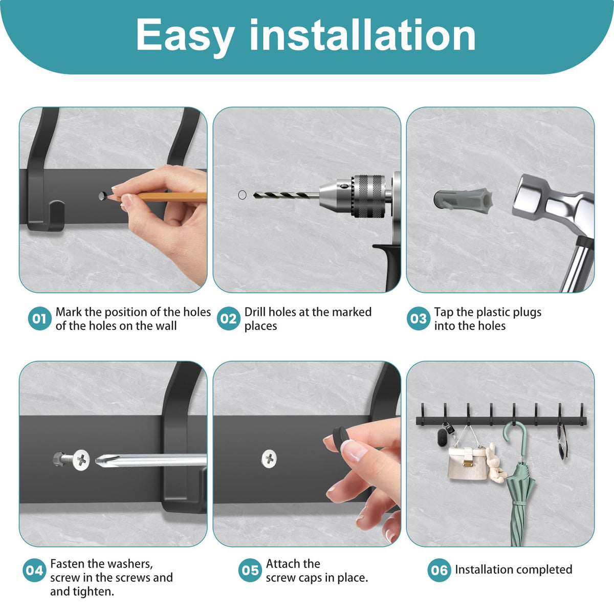MEIJO Coat Hooks Wall Mounted Stainless Steel, Black Coat Rack Wall Mounted with 8 Hooks Heavy Duty Coat Hooks for Door, Bathroom, Bedroom, Kitchen