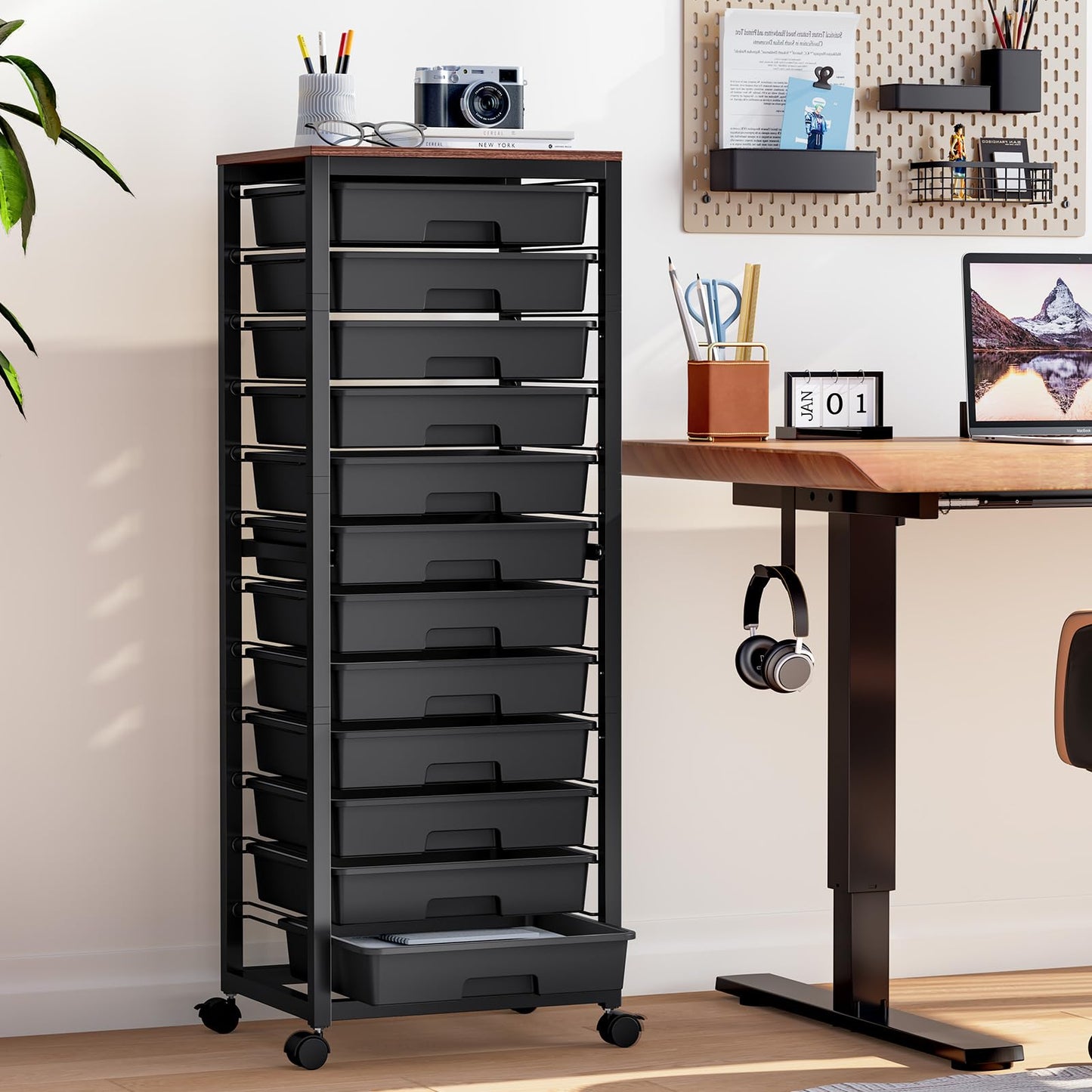 SYKIARIOL 12-Drawer Storage Trolley Rolling Cart with Wooden Top, Black