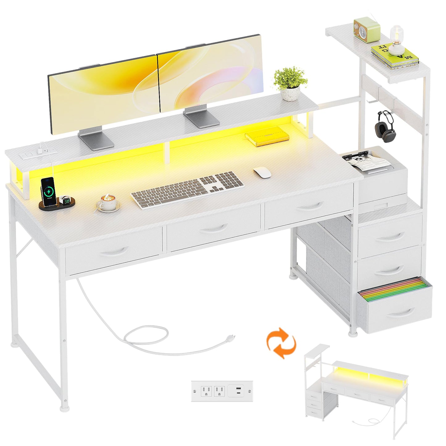 WEMANER 151cm Computer Desk with 6 Fabric Drawers, Reversible Home Office Desk with Printer Cabinet, Writing Desk with Monitor Stand & Power Outlets