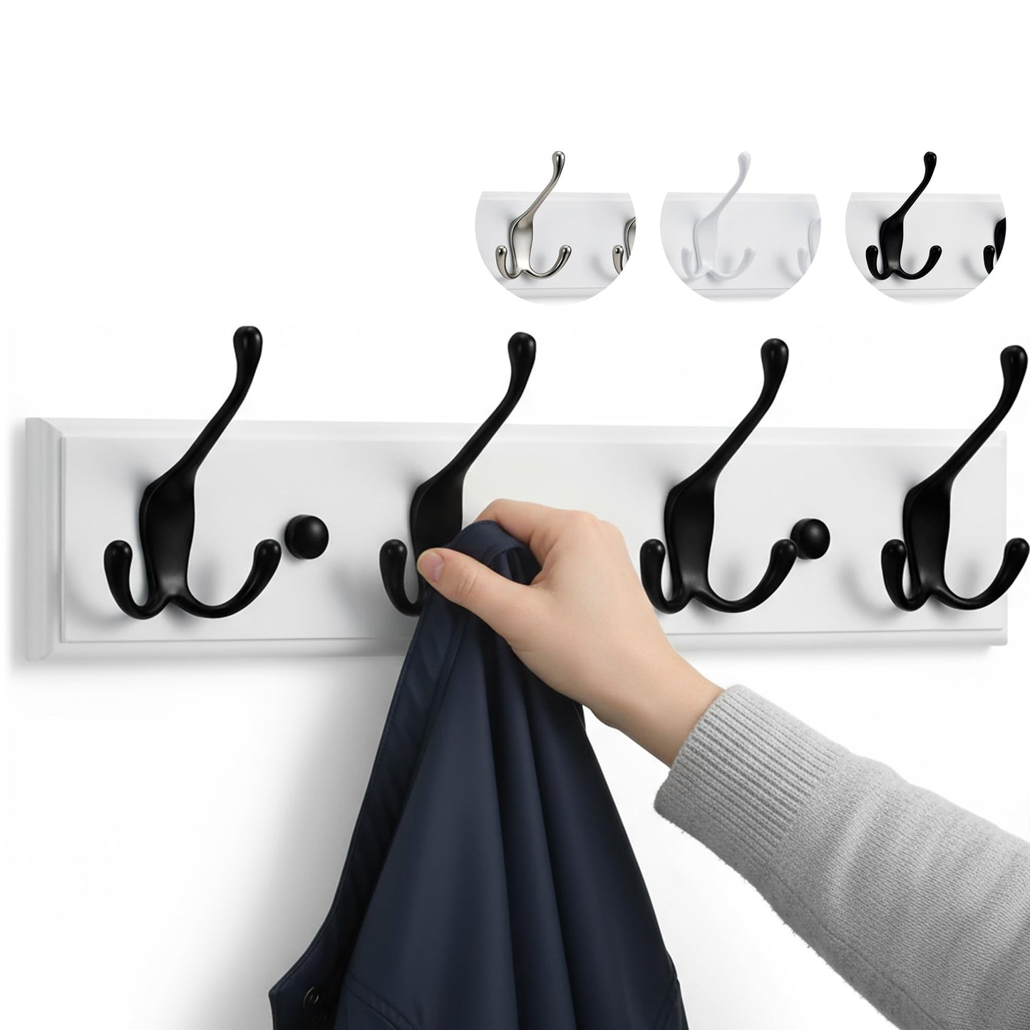LARHN White Wall-Mounted Coat Rack - 4 Black Coat Hooks, 42cm