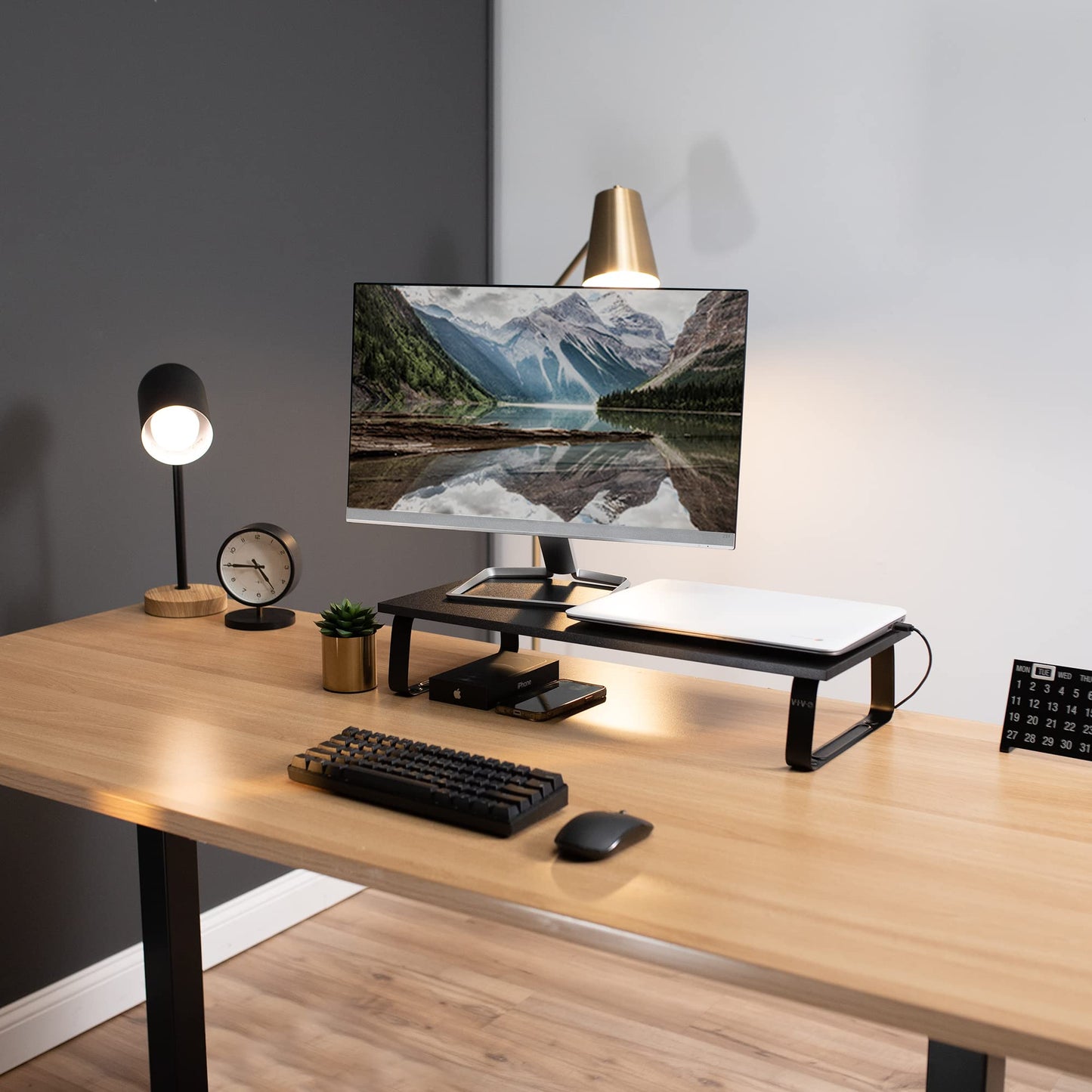 VIVO 24 inch Monitor Stand, Wood & Steel Desktop Riser, Screen, Keyboard, Laptop, Small TV Ergonomic Desk and Tabletop Organizer, Black, STAND-V000D