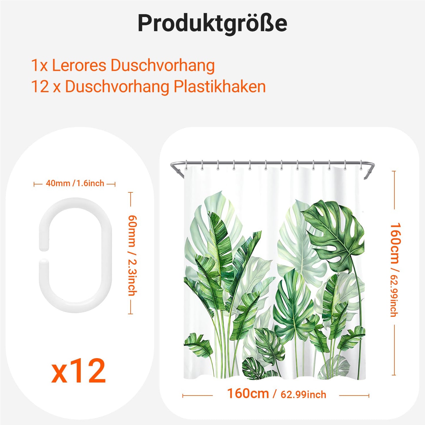 Lerores Shower Curtain, 160 x 160 cm, Green Leaves, Weighted Hem, Anti-Mould Textile, Water-Repellent