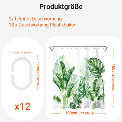 Lerores Shower Curtain, 160 x 160 cm, Green Leaves, Weighted Hem, Anti-Mould Textile, Water-Repellent